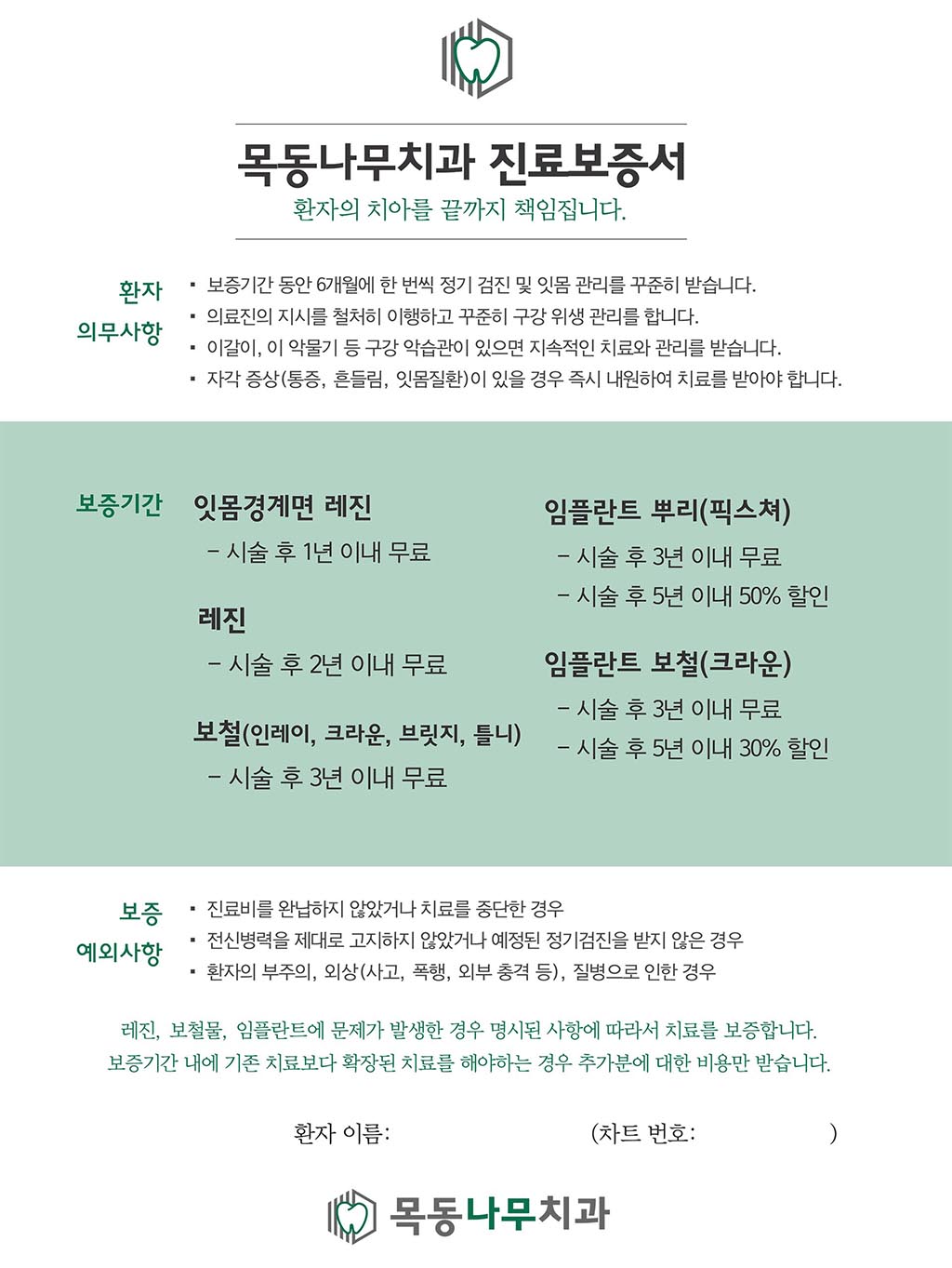 Mokdong Namu Dental Treatment Warranty Certificate